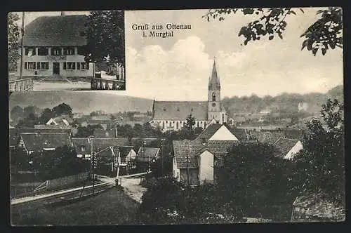 AK Ottenau /Murgtal, Gasthaus zum Löwen A. Heck, Ortsansicht mit Bahnübergang und Kirche