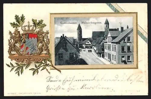 Passepartout-Lithographie Gunzenhausen, Weissenburgerstrasse mit Türmen aus der Vogelschau, Wappen