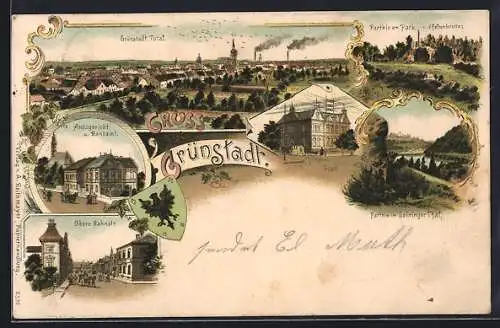 Lithographie Grünstadt / Pfalz, Amtsgericht & Rentamt, Obere Bahnstrasse, Post, Ortsansicht