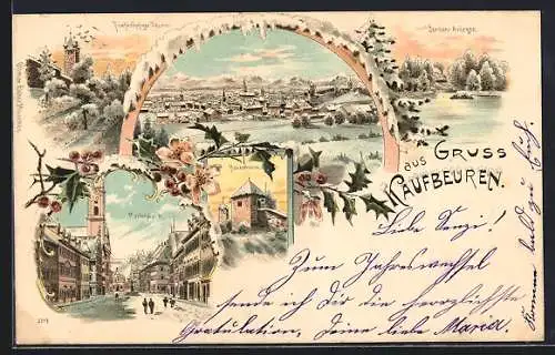 Winter-Lithographie Kaufbeuren, Marktplatz, Jordan-Anlagen, Hexenturm, Ortsansicht