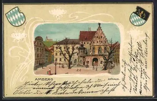 Passepartout-Lithographie Amberg, Rathaus, Wappen