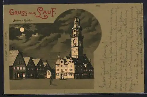 Lithographie Lauf / Pegnitz, Gastwirtschaft von Georg Willmann am Unteren Markt