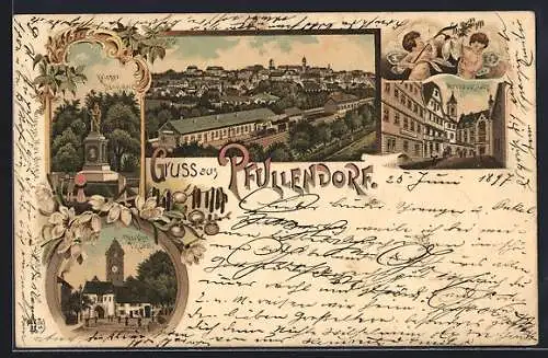 Lithographie Pfullendorf, Rathausplatz, Kriegerdenkmal, Oberthor-Thurm