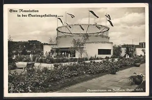 AK Berlin, Sommerblumenschau 1935, Sommerblumen am Funkturm, Blumenkübel-Anlagen und Rundbau mit Terrasse, Bauhaus