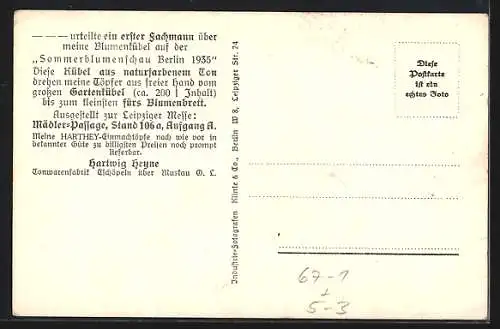 AK Berlin, Sommerblumenschau 1935, Sommerblumen am Funkturm, Blumenkübel-Anlagen und Rundbau mit Terrasse, Bauhaus