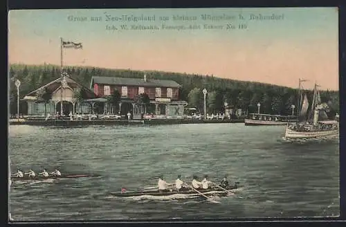 AK Köpenick, Gasthaus Neu-Helgoland W. Erdmann am kleinen Müggelsee, Ansicht vom Wasser, Schiffe, Sport-Ruderboote