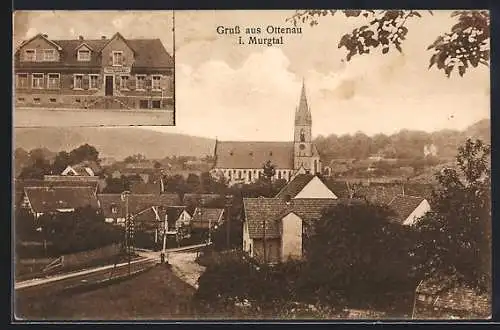 AK Ottenau /Murgtal, Gasthaus-Metzgerei zur Linde V. Bastian, Ortsansicht mit Bahnübergang u. Kirche