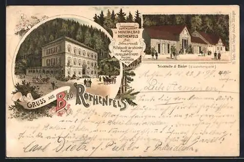 Lithographie Rothenfels / Baden, Gasthof Luftkurort Rothenfels H. Joerger, Trinkhalle und Bäder (Elisabethenquelle)