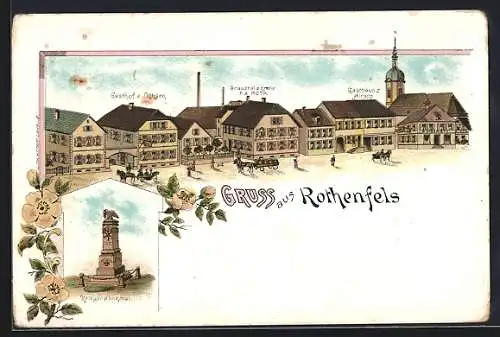 Lithographie Rothenfels / Baden, Gasthaus Ochsen, Brauerei Krone Roth, Gasthaus z. Hirsch, Kriegerdenkmal