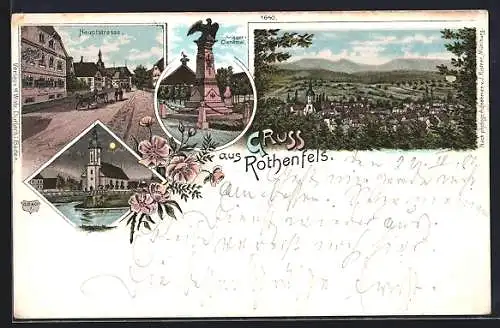 Lithographie Rothenfels / Baden, Hauptstrasse, Kriegerdenkmal, Kirche u. Brücke, Ortsansicht