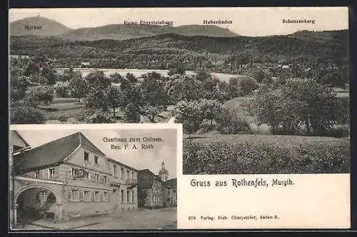 AK Rothenfels / Baden, Gasthaus zum Ochsen F. A. Roth, Panorama mit Merkur, Ebersteinburg, Hohenbaden und Schanzenberg