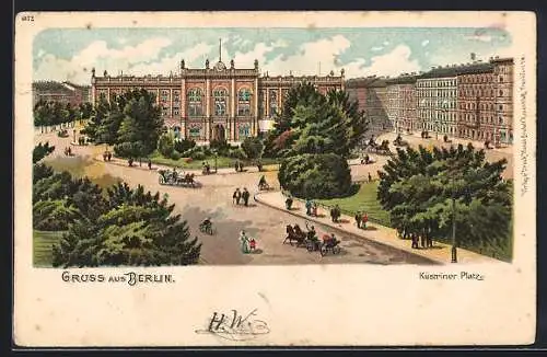 Lithographie Berlin-Friedrichshain, Leute auf dem Küstriner Platz, Kutschen