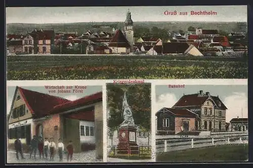 AK Bechtheim / Rheinhessen, Gasthaus zur Krone von Johann Först, Kriegerdenkmal und Bahnhof