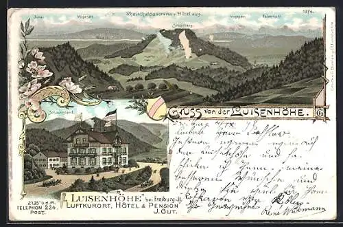 Lithographie Freiburg-Luisenhöhe / Breisgau, Gasthaus-Hotel Luisenhöhe von J. Gut