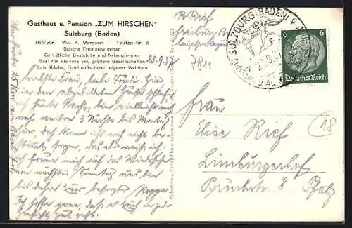 AK Sulzburg, Gasthaus und Pension Zum Hirschen von Ww. K. Marquart