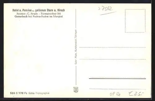 Passepartout-AK Gernsbach bei Baden-Baden /Murgtal, Hotel-Pension zum goldenen Stern u. Hirsch C. Brude, Strassenansicht