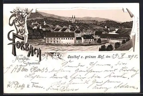 AK Forbach /Murgtal, Gasthof zum grünen Hof, Ortsansicht mit überdachter Brücke, vom Wasser gesehen