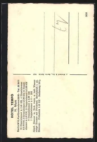 AK Berlin, Hotel Tempo, Kurfürstendamm 59-60