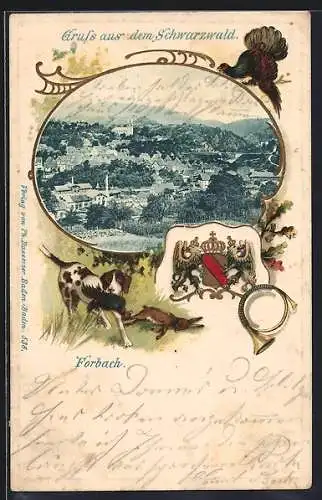 Passepartout-Lithographie Forbach, Ortsansicht, Jagdhund, Wappen