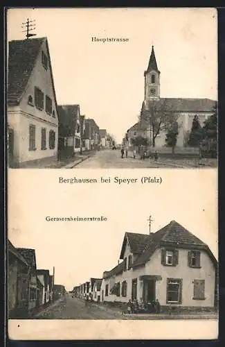 AK Berghausen b. Speyer, Germersheimerstrasse und Hauptstrasse mit Kirche