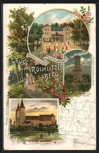 Lithographie Rochlitz, Hotel-Restaurant Rochlitzer Berg, Friedrich August Thurm bei Nacht