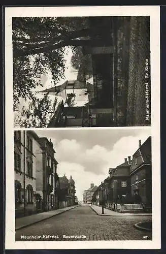 AK Mannheim-Käfertal, Baumstrasse, Blick zur ev. Kirche