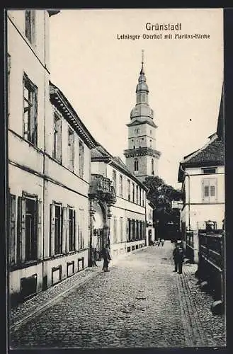 AK Grünstadt / Pfalz, Leininger-Oberhof mit Martins-Kirche