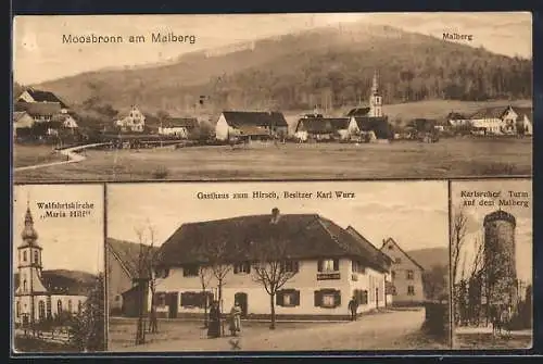 AK Moosbronn am Malberg, Gasthaus zum Hirsch, Karlsruher Turm auf dem Malberg