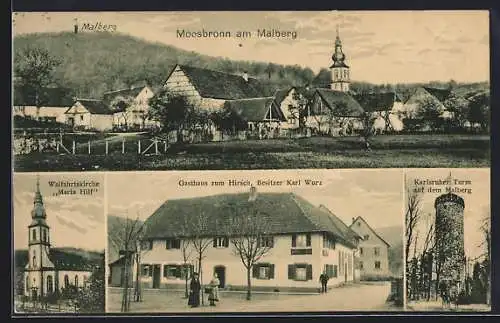 AK Moosbronn am Malberg, Gasthaus zum Hirsch, Karlsruher Turm auf dem Malberg, Maria Hilf