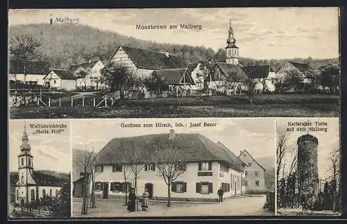 AK Moosbronn am Malberg, Gasthaus zum Hirsch, Wallfahrtskirche, Karlsruher Turm auf dem Malberg