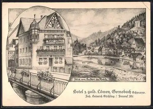 Künstler-AK Gernsbach, Hotel zum goldenen Löwen, Ortsansicht