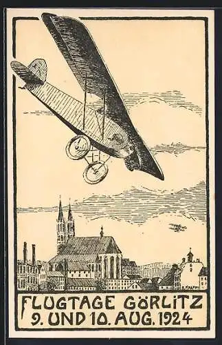 AK Görlitz, Flugtag 1924, Flugzeug über der Stadt