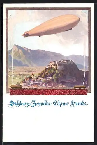 Künstler-AK Salzburg, Zeppelin-Eckener Spende, Zeppelin über der Stadt