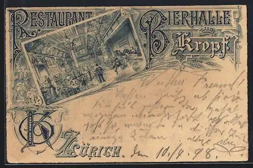 Lithographie Zürich, Restaurant Bierhalle zum Kropf, Innenansicht