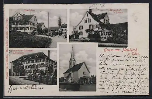 AK Neukirch a. Thur, Gasthaus und Bäckerei zum Sternen, Wirtschaft z. Sonne, Dorfplatz, Kirche