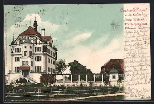 AK St. Gallen, Lachen-Vonwil, Töchterpensionat Burg Waldeck mit Garten