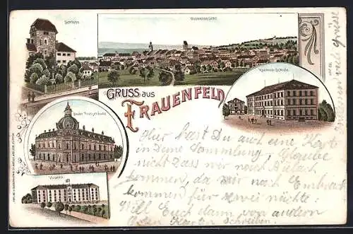 Lithographie Frauenfeld, Kaserne, Kantonsschule, Neues Postgebäude und Schloss