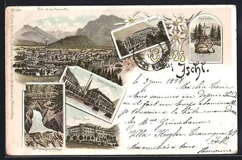 Lithographie Ischl, Hotel Bauer, Kurhaus, Kreuzstein und Hotel Elisabeth, Kaiservilla