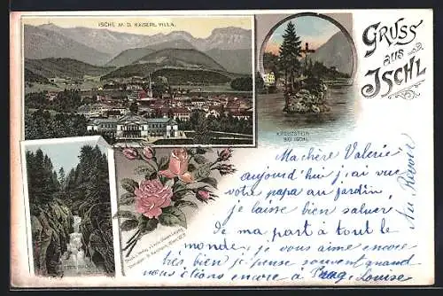 Lithographie Ischl, Rettenbach-Wildnis, Kreuzstein, Panorama mit Kaiserl. Villa