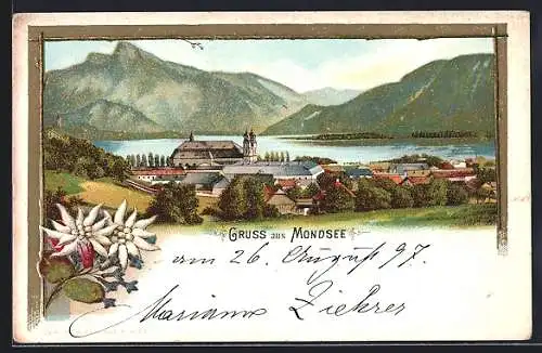 Lithographie Mondsee, Teilansicht von Ort und See, Edelweiss