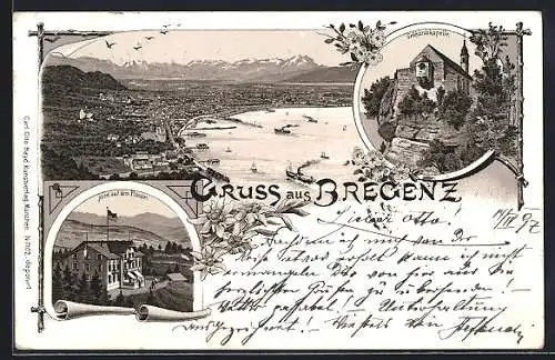 Lithographie Bregenz, Hotel auf dem Pfänder, Gebhardskapelle, Totalansicht