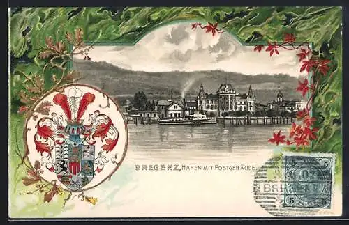 Passepartout-Lithographie Bregenz, Hafen mit Postgebäude & Stadtwappen