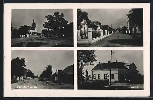 AK Parndorf / Bruck, Strassenpartie, Kirche, Gaststätte Franz Illenschitz