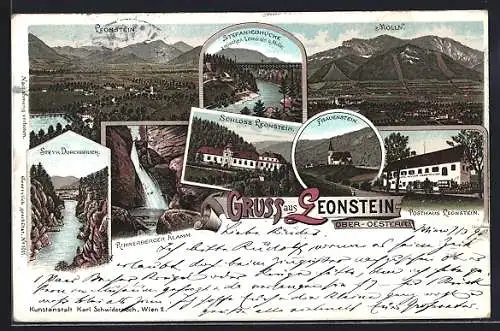 Lithographie Leonstein, Posthaus, Schloss, Frauenstein, Rinnerberger Klamm