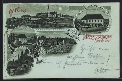 Mondschein-Lithographie Herzogsdorf /Ober-Österr., Riepl`s Gasthof, Bahnhof Gerling, Haltestelle, Schloss Eidendorf