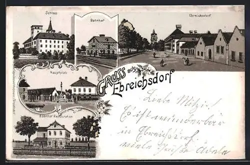 Lithographie Ebreichsdorf, Bahnhof-Restaurant, Schloss, Hauptplatz