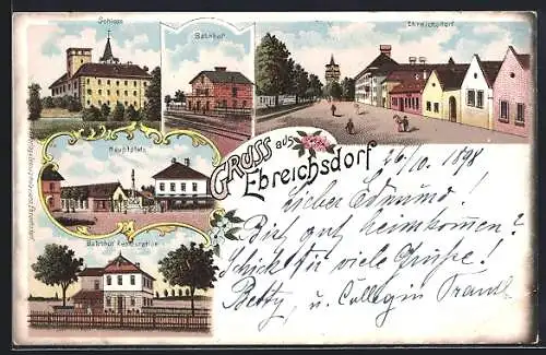 Lithographie Ebreichsdorf, Bahnhof-Restaurant, Bahnhod, Schloss und Hauptplatz