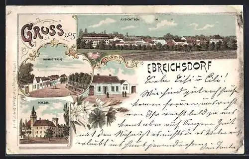 Lithographie Ebreichsdorf, Gasthaus, Wienerstrasse, Schloss und Totalansicht