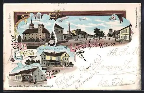 Lithographie Ebreichsdorf /Nied.-Österr., Bahnhof-Restaurant von Karl Waltersam, Handlung von L. Holzmann, Schloss