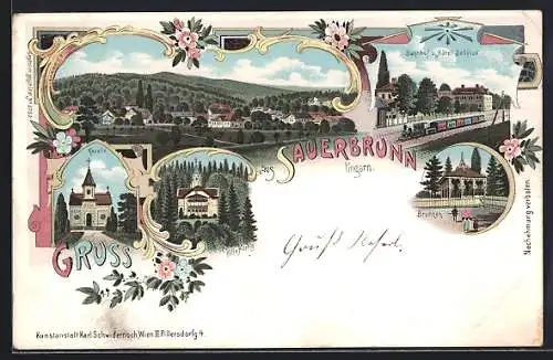 Lithographie Bad Sauerbrunn, Bahnhof und Hotel Bellevue, Kapelle, Villa Hartig, Brunnen